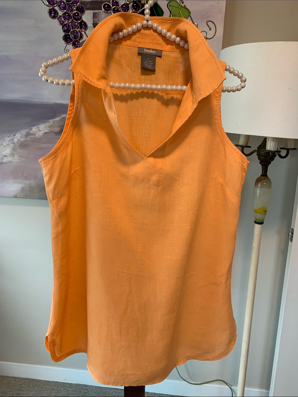 Neiman Marcus 100% Linen Orange Sherbet Collared V-Neck Size S